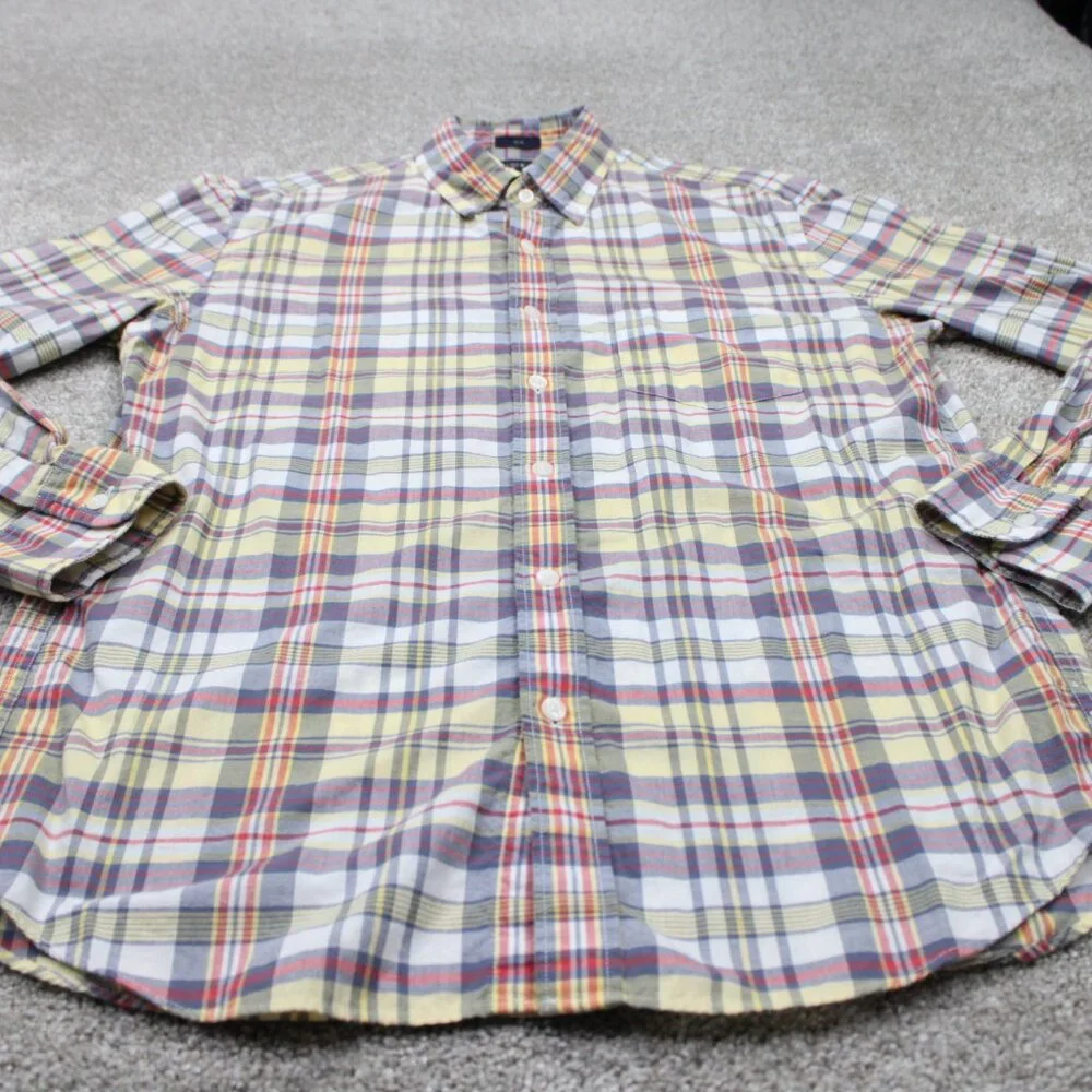 J Crew Summer Plaid Shirt Mens Medium Red/Blue/Yellow Slim Fit Cotton L/S Button